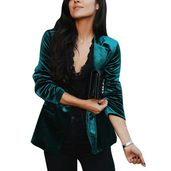 Kvinder ensfarvet revers business jakker enkeltradet overtøj Grön 2XL