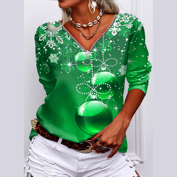 Kvinder langærmet V-hals lynlås Baggy Tee Christmas Print T-shirt Green XL