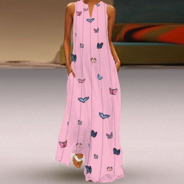 Naisten Tank Dress Summer Beach Sundress V kaula pitkä Maxi Mekot Pink XL