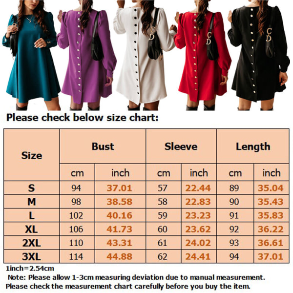 Kvinnor långärmad miniklänning korta klänningar med rund hals Purple L