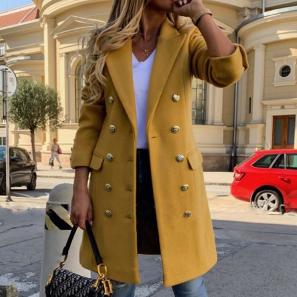 Kvinnor Dubbelknäppt Trench Coats Notch Lapel Ull Pea Coat Yellow XL