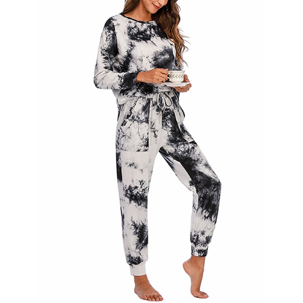 Kvinnors Tie Dye Printed Pyjamas Set långärmade toppbyxor Black and White,M