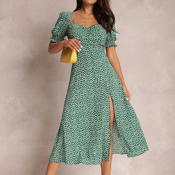 Kvinnor kortärmad sommar strand solklänning blommigt print midiklänning Green XL