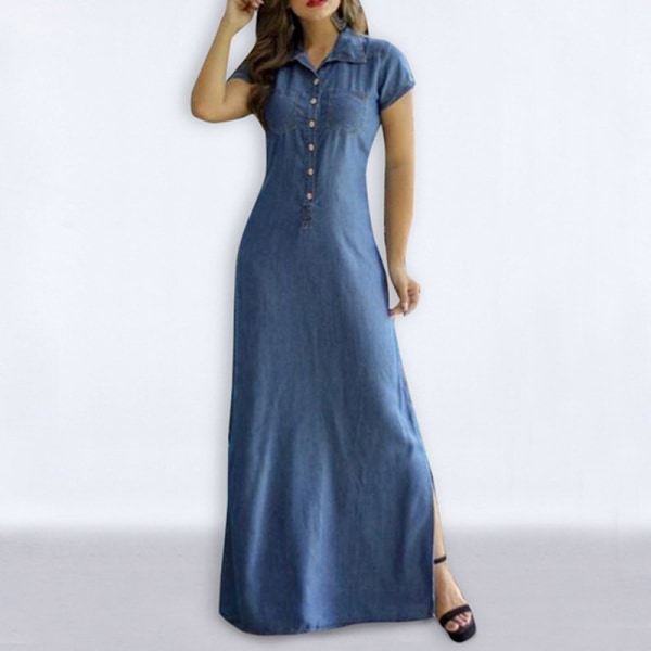 Kvinder kortærmet solkjole Button Down lang kjole Light Blue 2XL