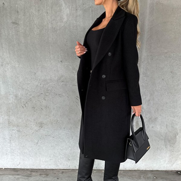 Kvinnor Enfärgad Lapel Collar Overcoats Dubbelknäppt jacka Black XL