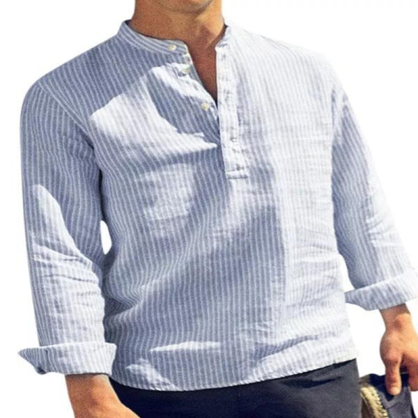 Randigt print för män med V-ringad T-shirt med knappar dagliga toppar Light Blue 5XL