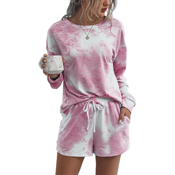 Dame Tie Dye Gradient Top T-Shirt+Shorts Sæt Lounge Wear Pink,M