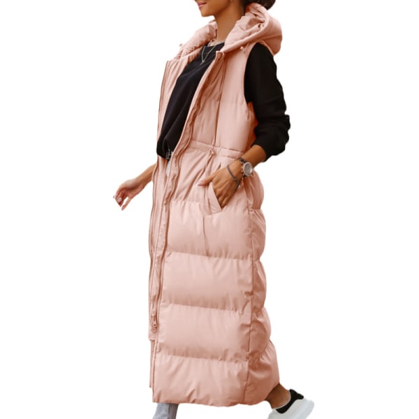 Damer ensfarvet med lommer Pufferveste Langt varmt overtøj Pink XL