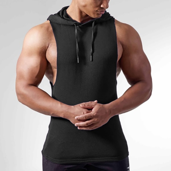 Herre hættevest Tanktops Bodybuilding T-shirt Ærmeløs Gym Black,M