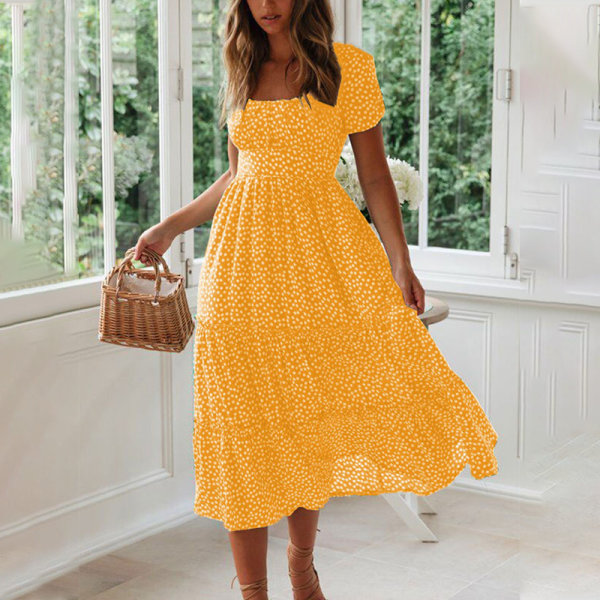 Dam kortärmad solklänning Polkaskjorta klänning Yellow M