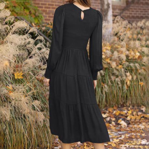 Kvinnors veckade ryggknapp Maxiklänningar Loose A Line Dress Swing Black L