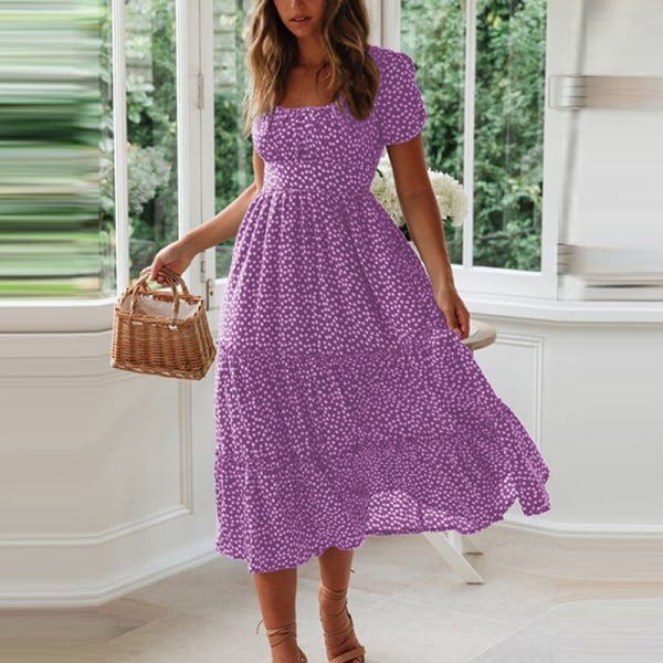 Dam kortärmad solklänning Polkaskjorta klänning Purple 2XL