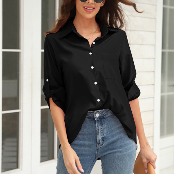 Kvinder ensfarvet bluse med revershals tunikaskjorte Black XXXL