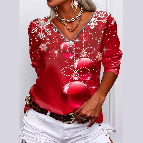 Kvinder langærmet V-hals lynlås Baggy Tee Christmas Print T-shirt Red XL