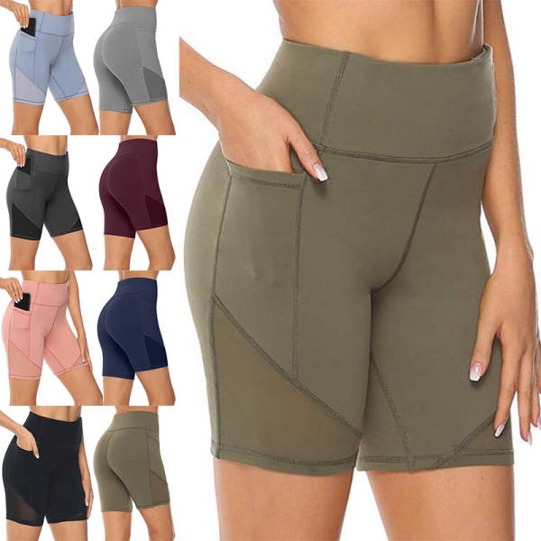 Kvinders højtaljede yogashorts Skinny Workout-sidetaske Khaki green,XL