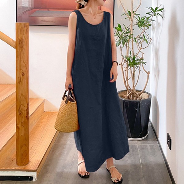 Kvinnor ärmlösa Maxiklänningar Enfärgad sommar strandsolklänning Dark Blue XL