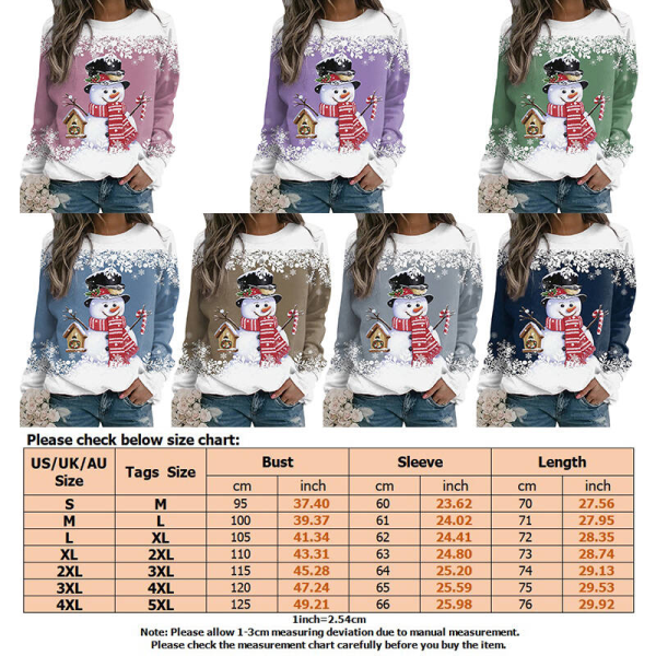 Ladies Snowman Print skarvad tunika blus Crew Neck Pullover Purple L