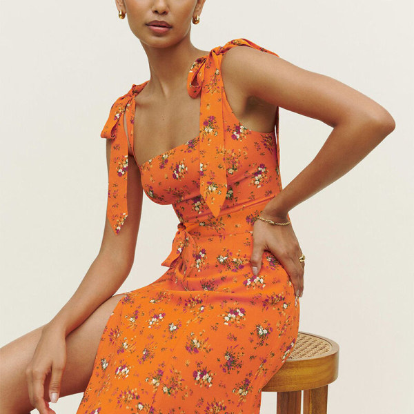 Vittig Diskret En nat Dame lang kjole sommer strand solkjole Firkantet hals slip kjoler Orange S  a7e3 | Orange | Polyester | Fyndiq