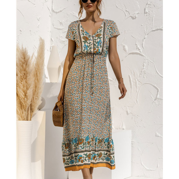 Naisten Maxi-mekot print pitkä mekko Sundress lyhythihainen Beige L