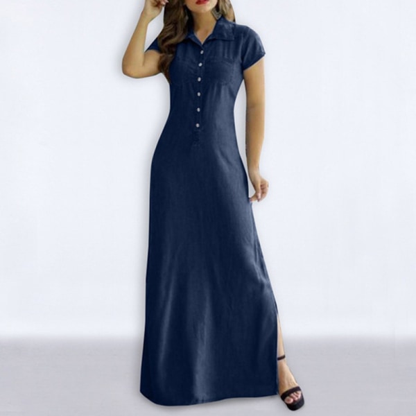 Kvinder kortærmet solkjole Button Down lang kjole Dark Blue 2XL
