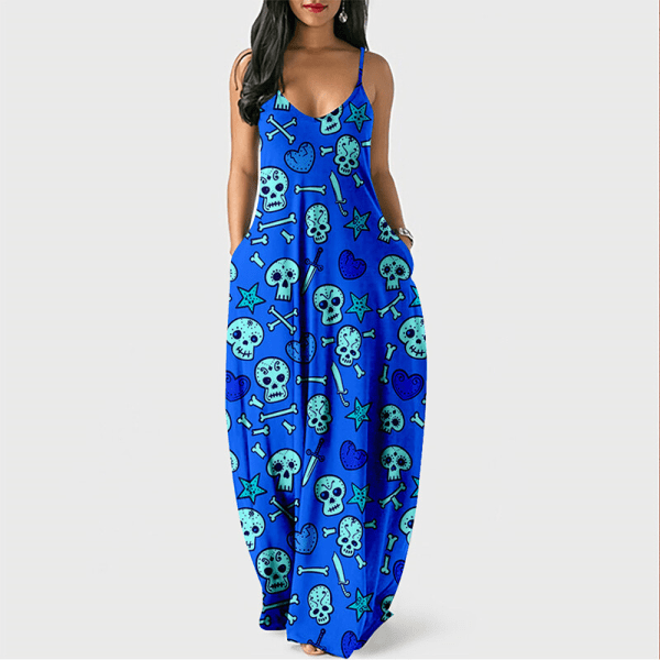 Dam V-ringad Summer Beach Sundress Cami Long Dress Blue M