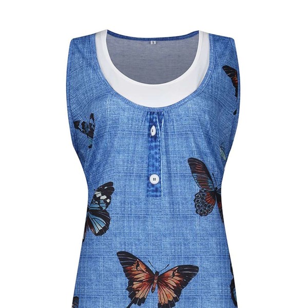 Dam falsk 2-delad skjorta Sundress Tunika Midiklänning Scoop Neck Blue Butterfly XXL