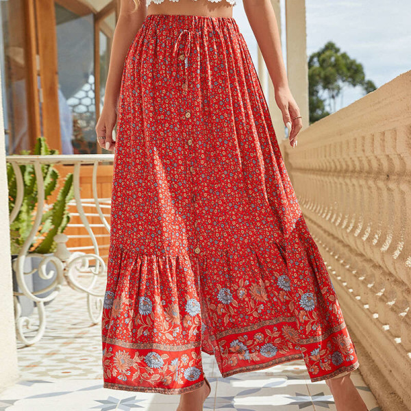 Kvinder højtaljet lang nederdel med snoretræk Swing A-line nederdele Red XL