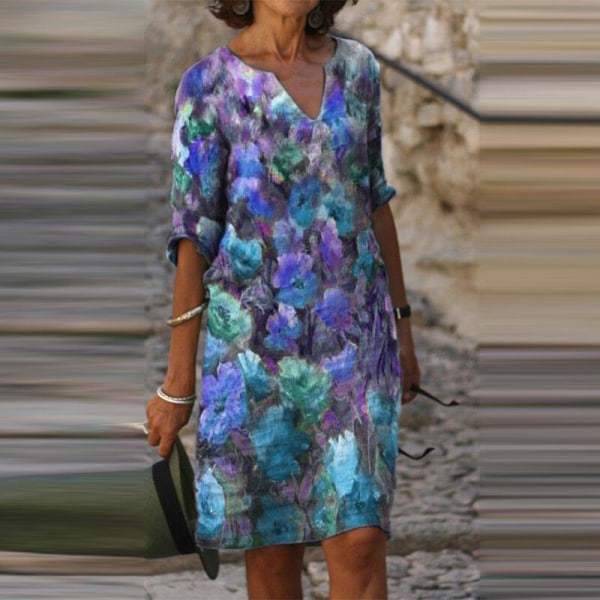 Naisten Abstract Print Dress Shift polvipituinen mekko Blue Floral S