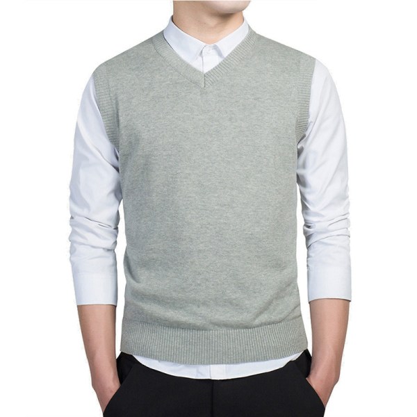 Herre efterår afslappet sweater V-hals slim ærmeløs top Light Grey XL