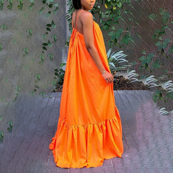 Sexet Suspender Ruffled Edge Large Hem Maxi Dress Womens Holiday Orange 2XL