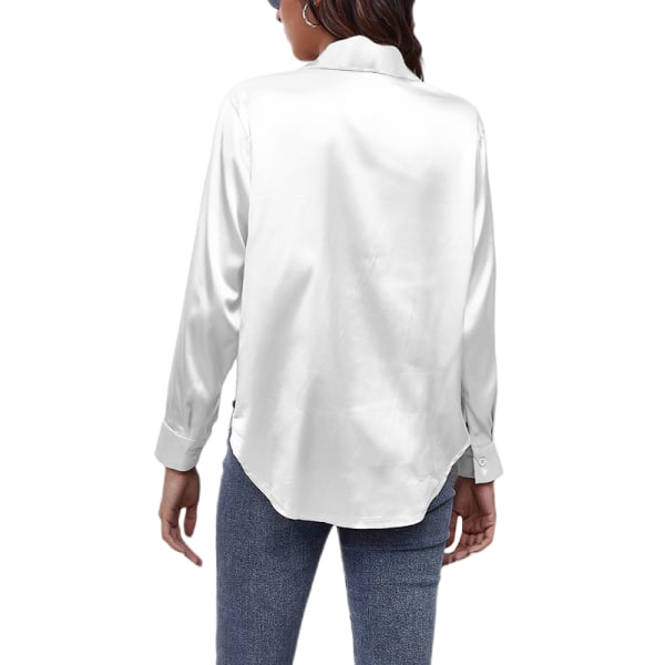 Böjd blus för dam Tunikaskjorta Satin långärmade T-shirts White S