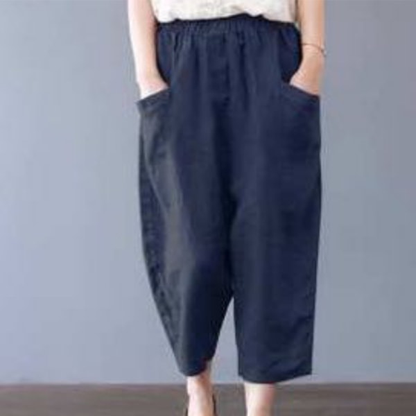 Kvinder bomuld linned bukser med brede ben Casual Baggy cropped bukser Blue,L