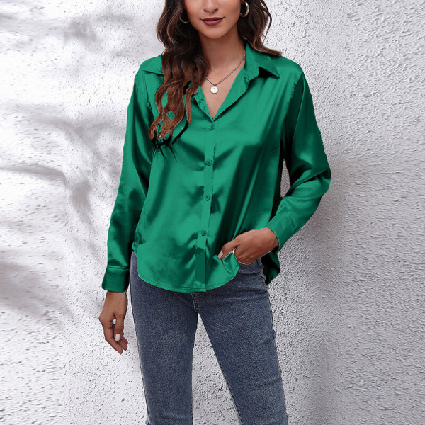 Böjd blus för dam Tunikaskjorta Satin långärmade T-shirts Green L