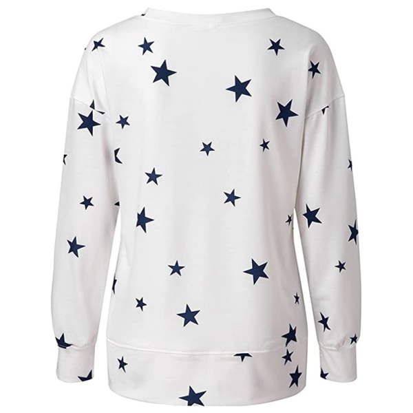 Dameoverdele T-shirt med stjernetrykt løs pullover med langærmede T-shirts White 3XL