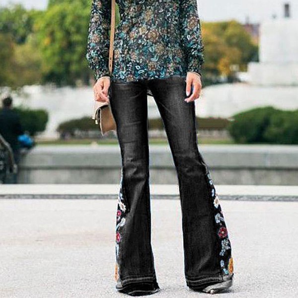Kvinnor hög midja blommiga Bell-bottom jeans utsvängda vida ben byxor Black,M