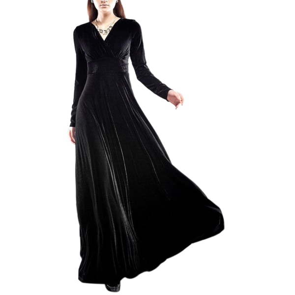 Vinter dame V-udskæring guldfløjl cocktail langærmet kjole black,XL