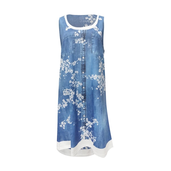 Dam falsk 2-delad skjorta Sundress Tunika Midiklänning Scoop Neck Sky Blue Floral XL
