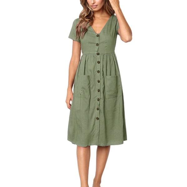 Kvinnors enfärgade kortärmade knälång kjol V-ringad klänning Green,L