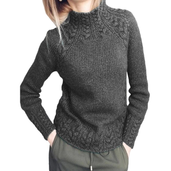 Kvinder langærmet højhalset striktrøjer ensfarvet sweater Grey L