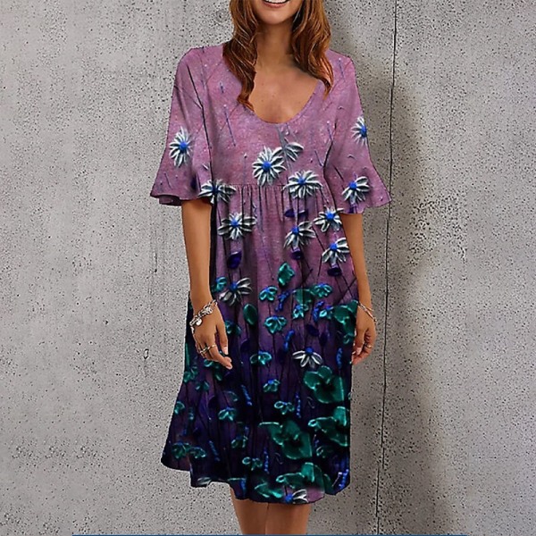 Lady Summer Midi Dress Casual Flowy floral Printing A-linjainen mekko Purple L