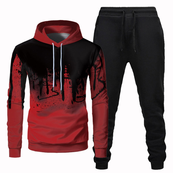 Printed hooded sweatshirt för män, sportdräkt Red Coat Black Pants,3XL