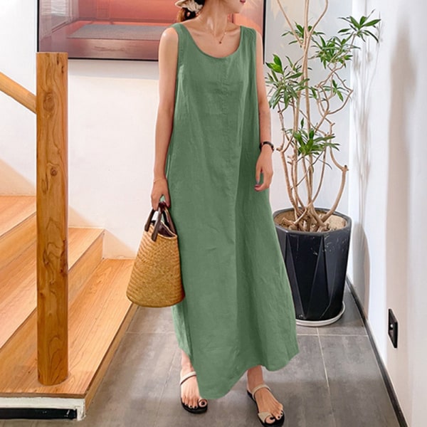 Kvinnor ärmlösa Maxiklänningar Enfärgad sommar strandsolklänning Green 3XL