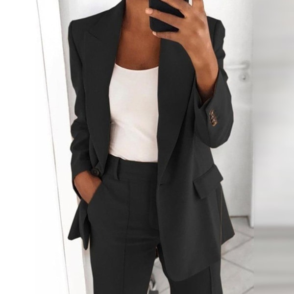 Dame ensfarvet blazer langærmet business jakker Black 5XL