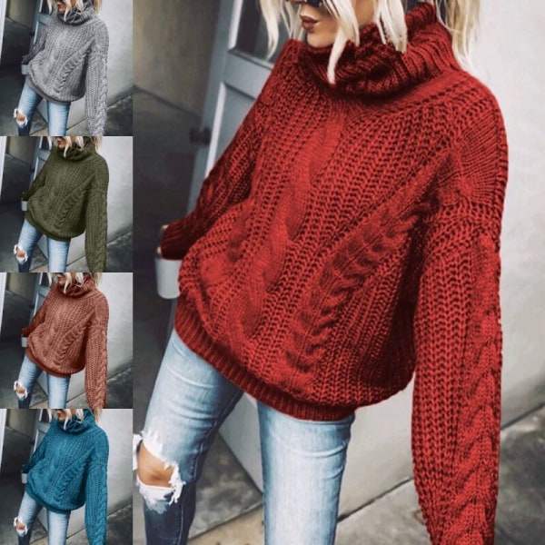 Langærmet dametrøje ensfarvet højhalset baggy sweater Grått 2XL