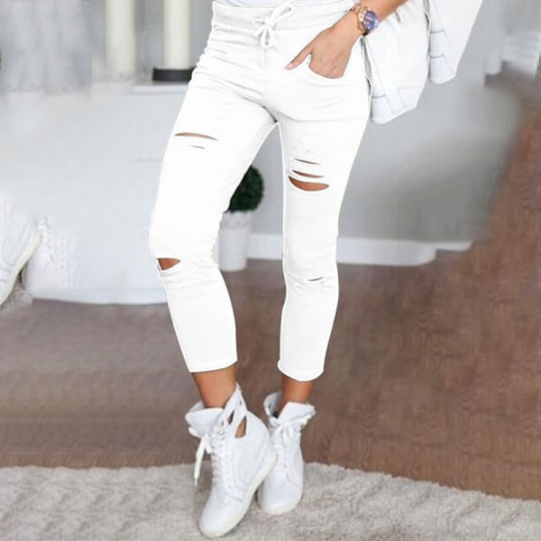 Naisten housut Summer Beach kiristysnyörillä leggingsit repeytyneet alaosat White,XL