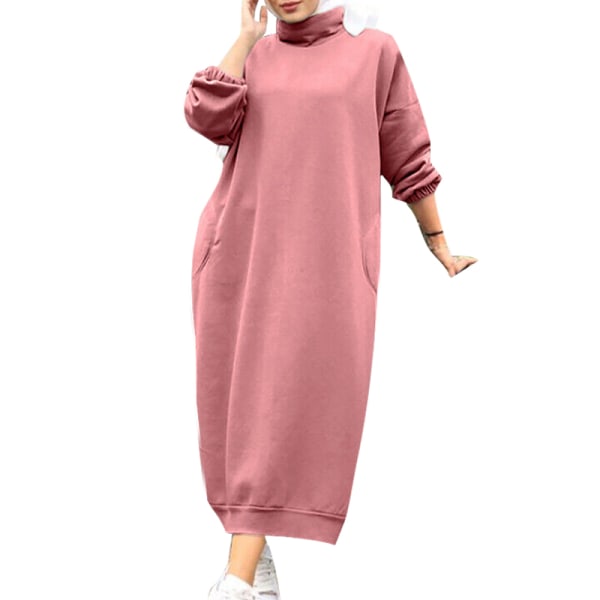 Langærmet sweatshirtkjole til kvinder Lange maxikjoler med høj hals Pink 2XL
