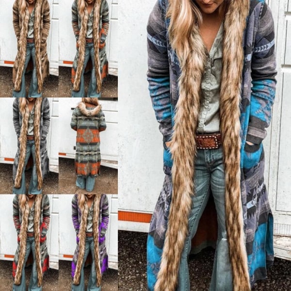 Naisten muoti Printed hupullinen villatakki tekoturkista trimmattu pitkä takki Blå 2XL