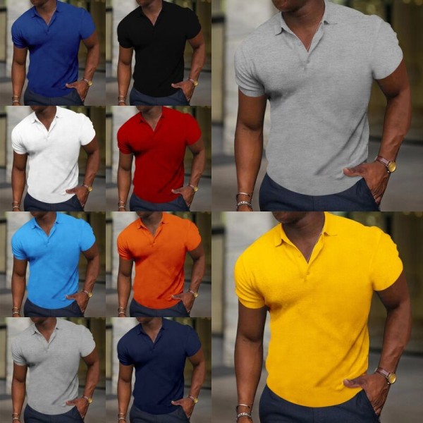Mens Button Tee Lapel Neck Shirt Enfärgad Basic Plain Vit 2XL