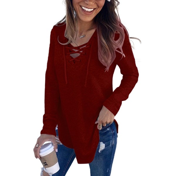 Kvinders almindelig afslappet sweatshirt med løs langærmet V-udskæring Red wine,XL