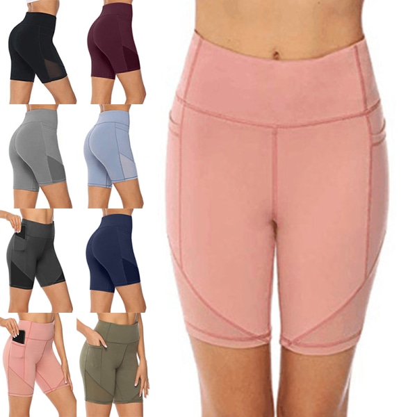 Kvinders højtaljede yogashorts Skinny Workout-sidetaske Pink,4XL